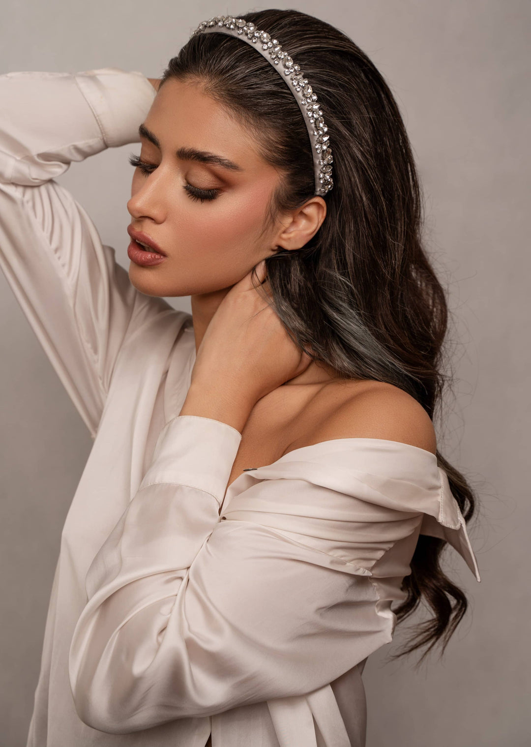 Lauren crystal bridal headband in off-white, hand-stitched rhinestones on gold settings, Luvertta
