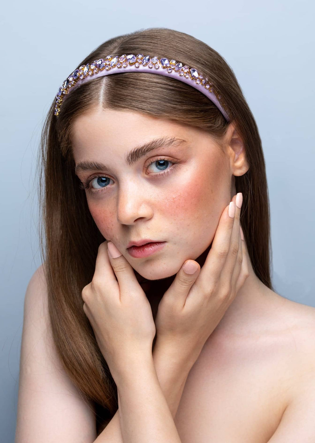 Lauren crystal bridal headband in lilac, hand-stitched rhinestones on gold settings, Luvertta