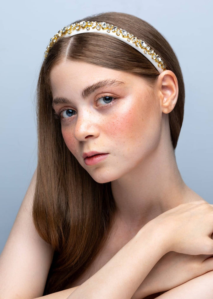 Lauren crystal bridal headband in silver, hand-stitched rhinestones on gold settings, Luvertta