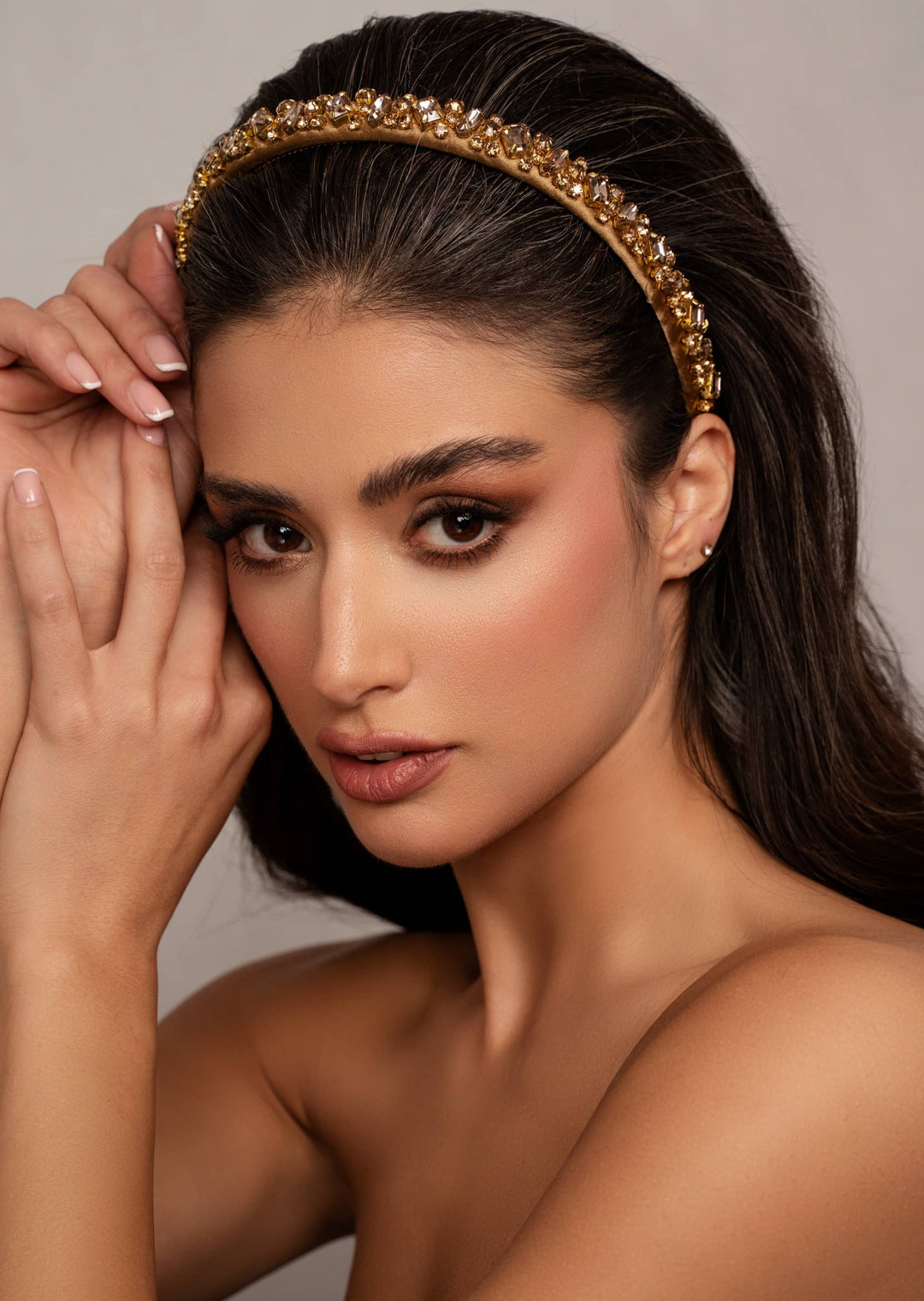Lauren crystal bridal headband in pale gold, hand-stitched rhinestones on gold settings, Luvertta