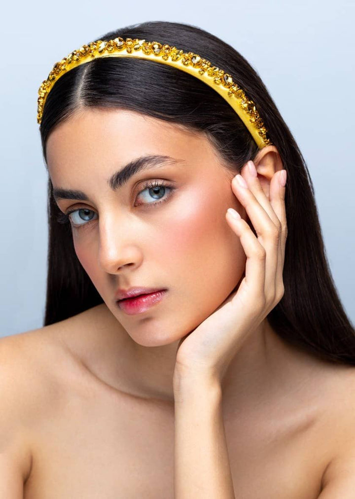 Lauren crystal bridal headband in tuscany yellow, hand-stitched rhinestones on gold settings, Luvertta