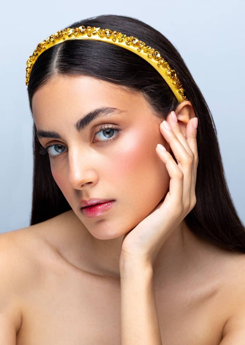 Lauren crystal bridal headband in silver, hand-stitched rhinestones on gold settings, Luvertta