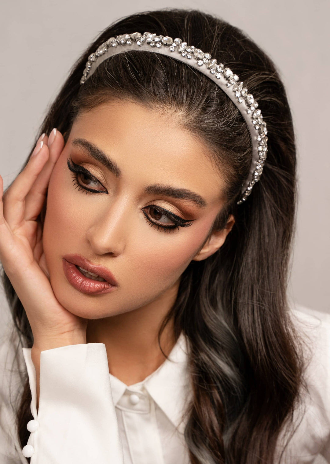 Lauren crystal bridal headband in silver, hand-stitched rhinestones on gold settings, Luvertta