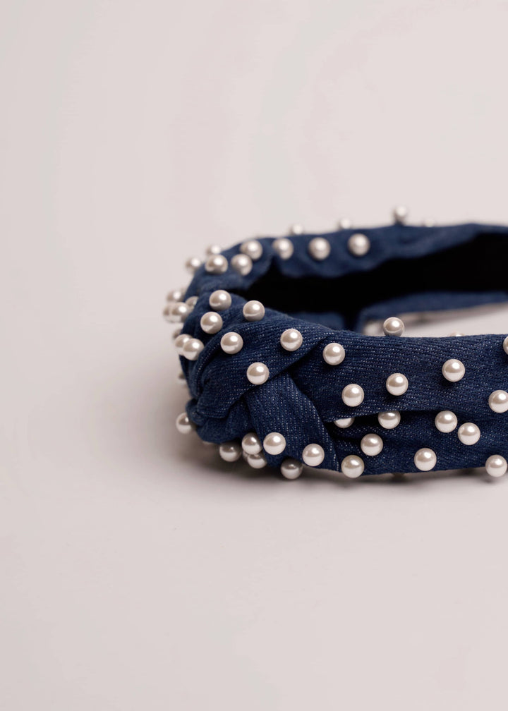 Megan pearl headband in denim, handmade, Luvertta