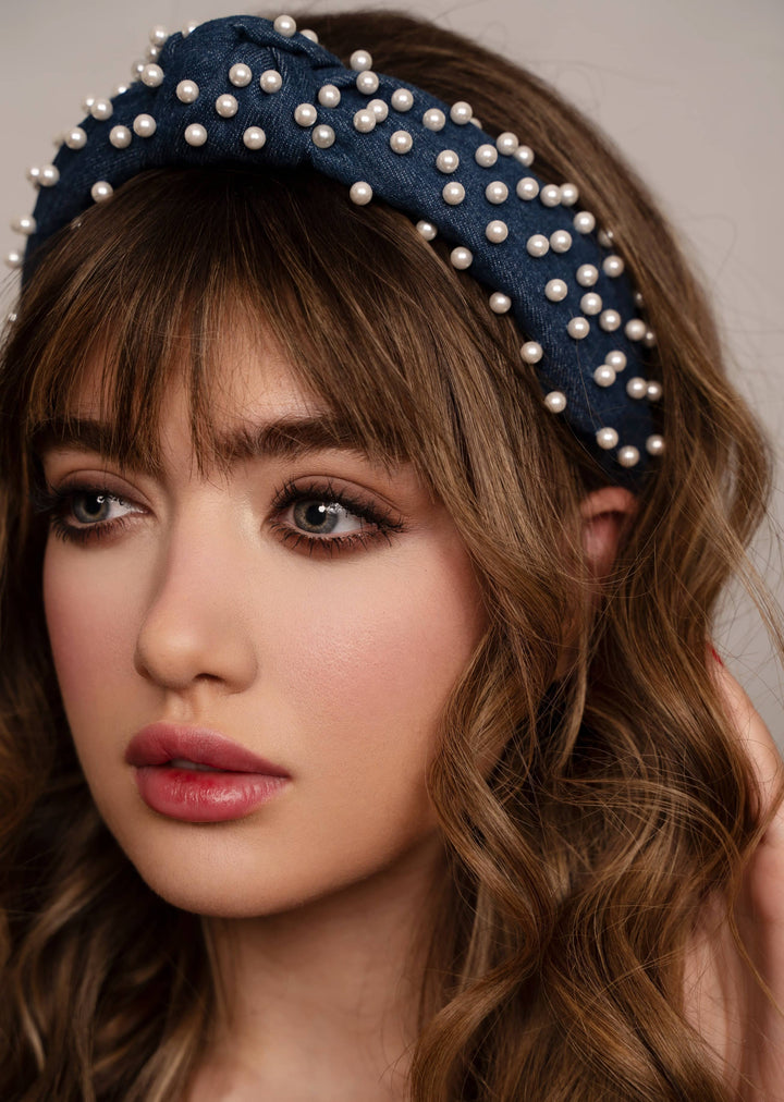 Megan pearl headband in denim, handmade, Luvertta