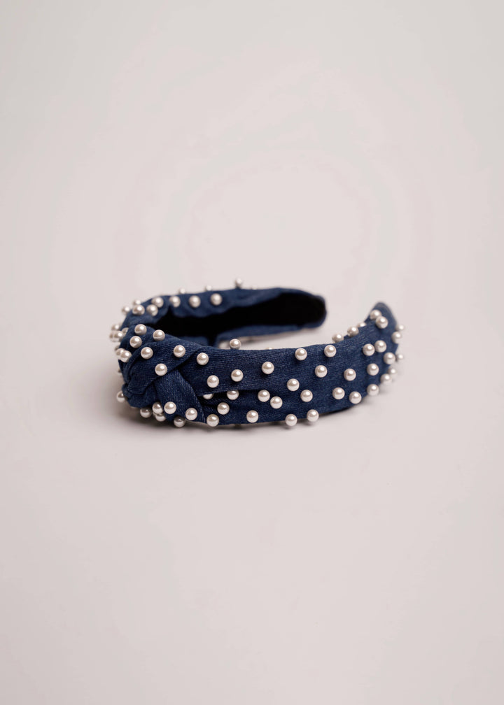 Megan pearl headband in denim, handmade, Luvertta