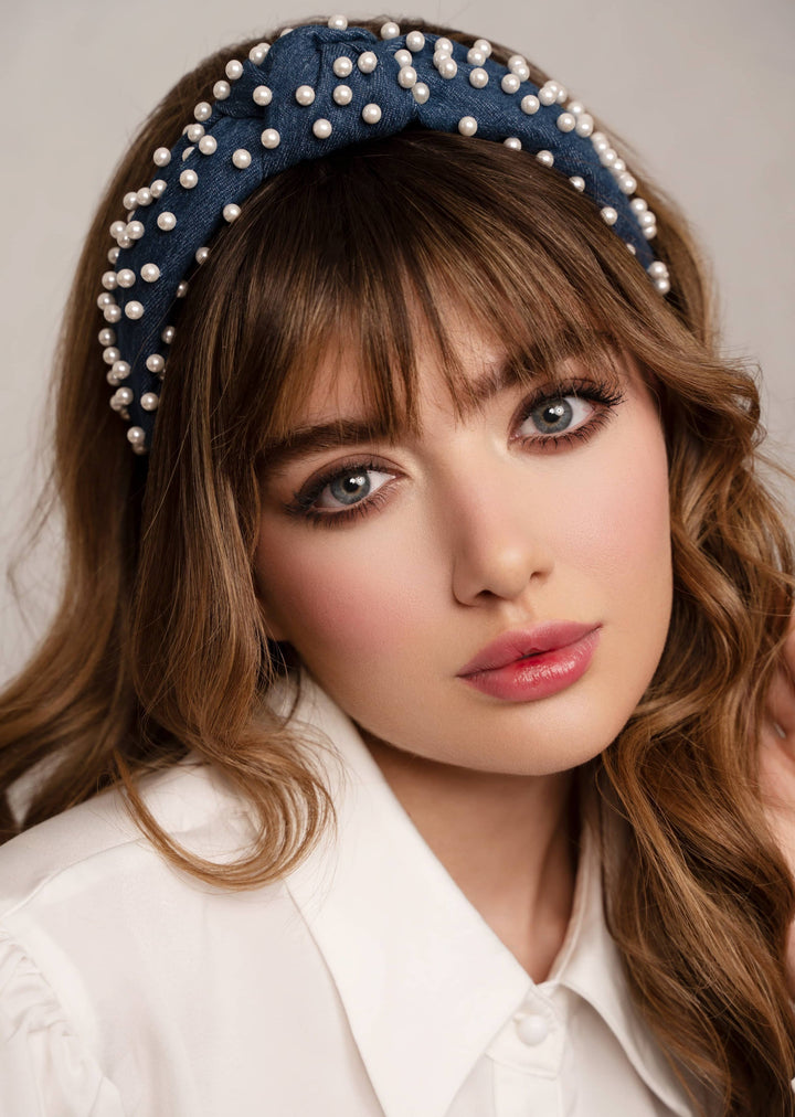 Megan pearl headband in denim, handmade, Luvertta
