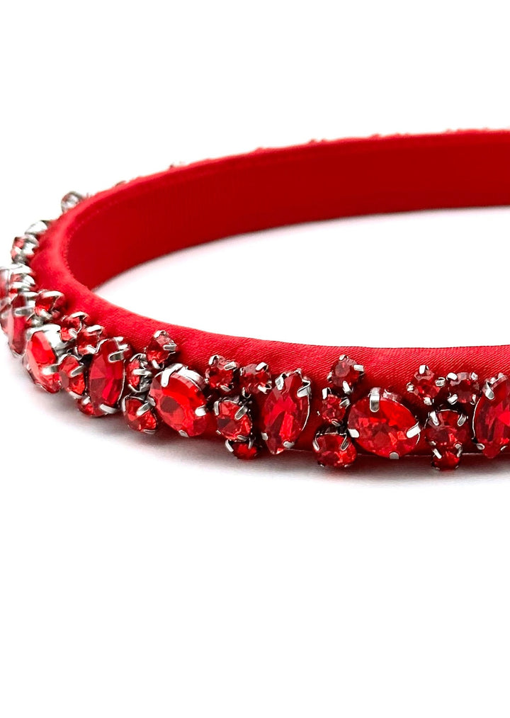 Lauren crystal bridal headband in cherry red, hand-stitched rhinestones on gold settings, Luvertta